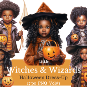 Little Black children dressed up as witches & wizard for Halloween